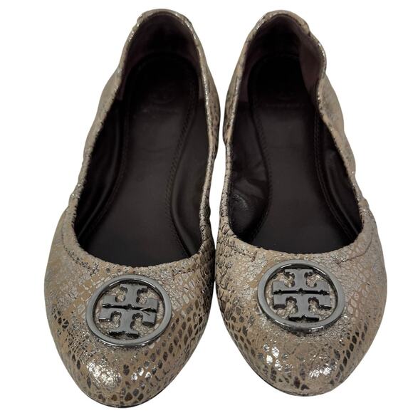 Tory Burch Shoes - Tory Burch Metallic Gray Textured Suede Heidi Scrunch Ballet Flats Size 8